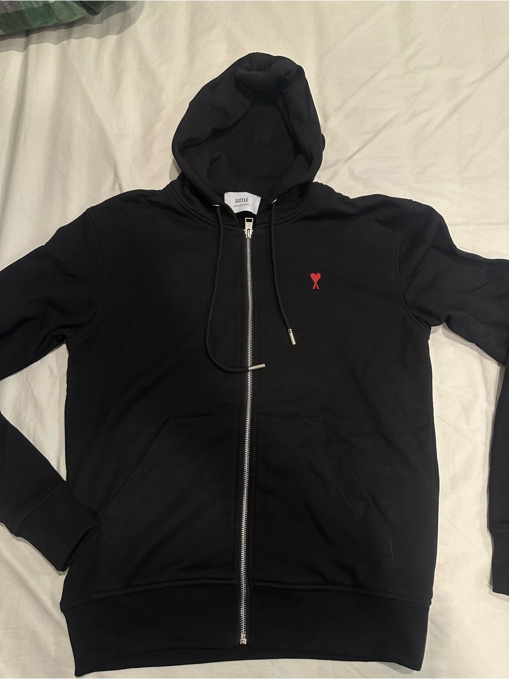 Ami Black Full-Zip Hoodie with Red Heart Emblem